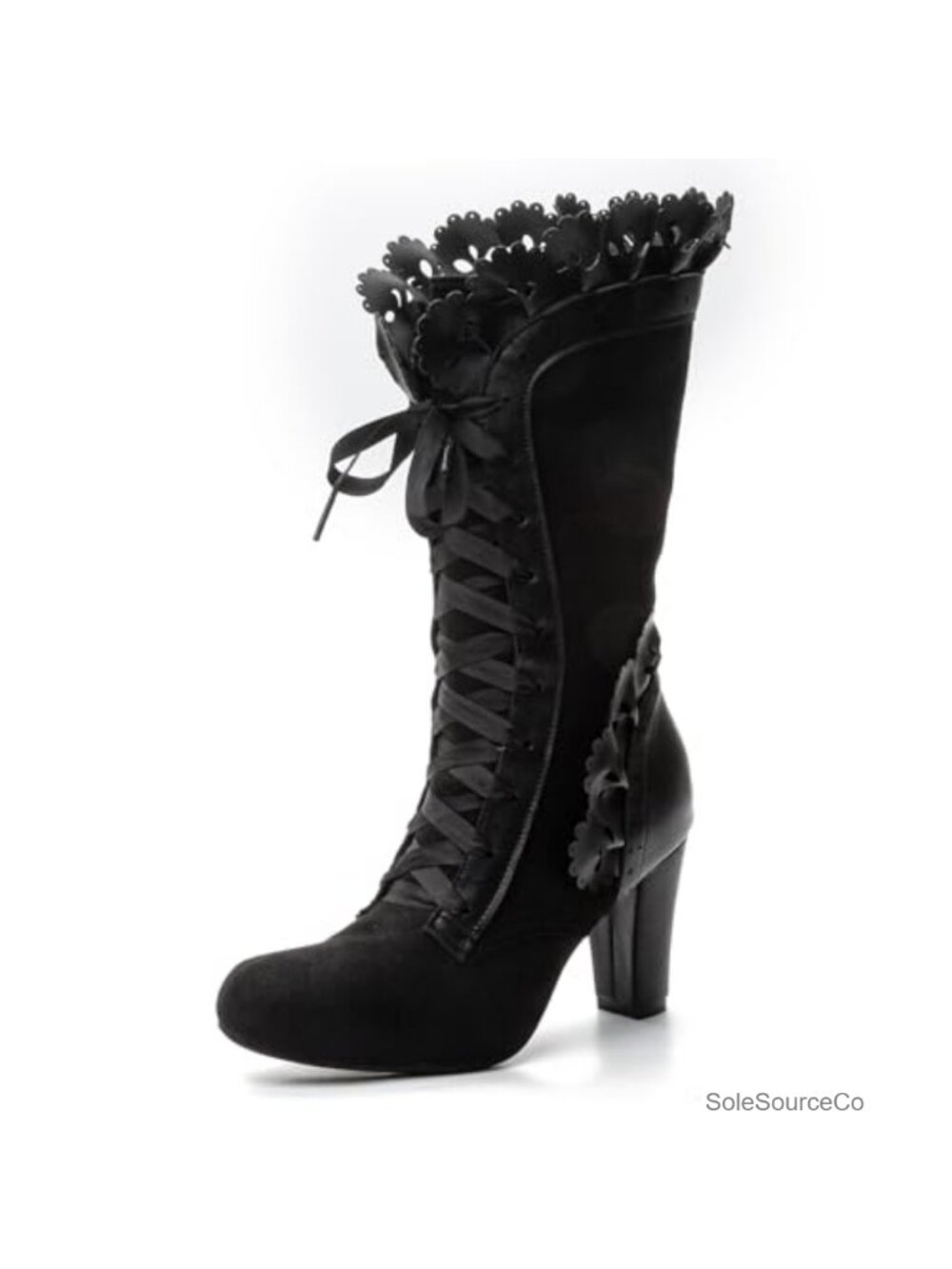 Vintage Lace Up Mid Calf Boots Faux Suede Ruffles Bow Goth Costume